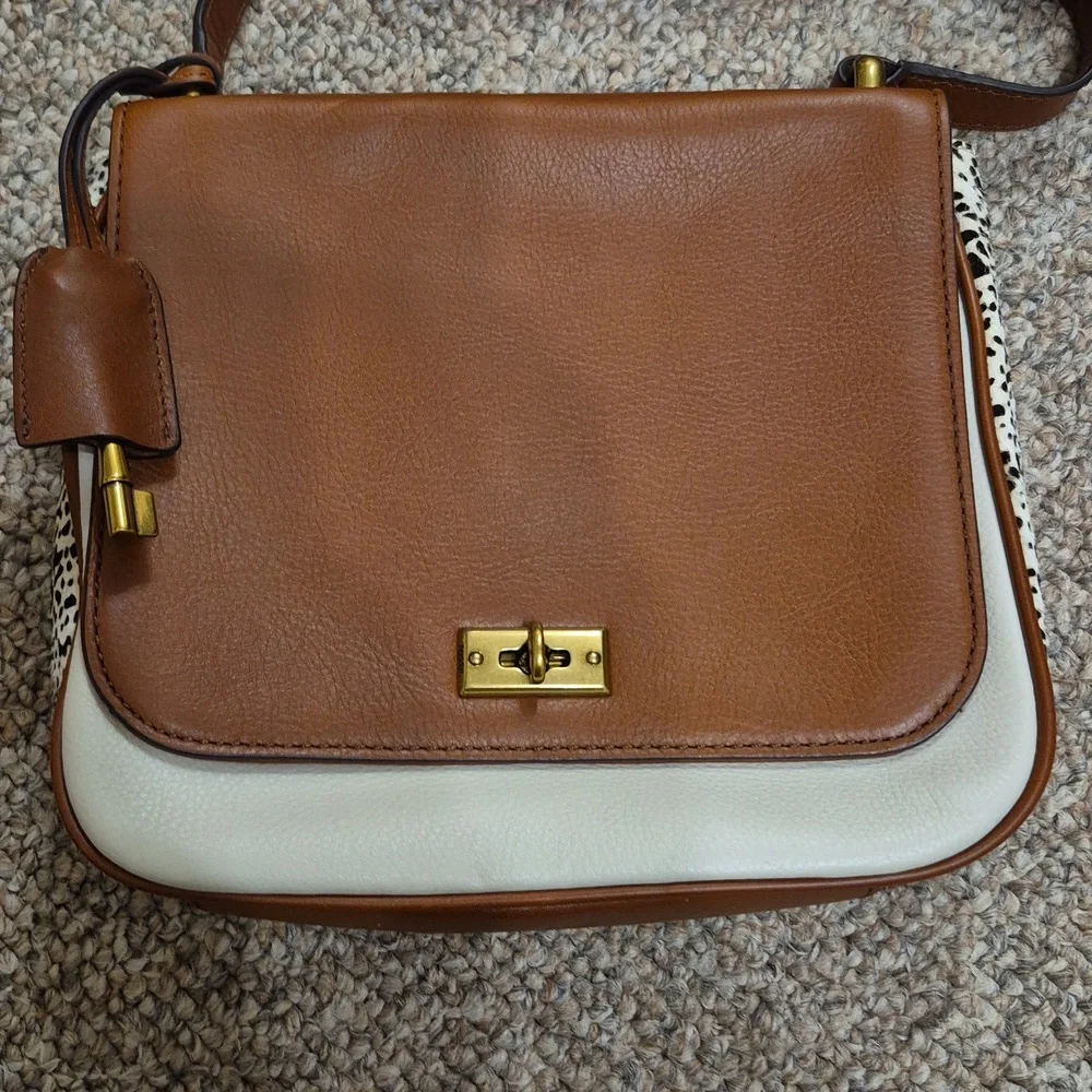 Fossil Memoir Novella Turn Lock Flap Brown & Cream Leather Crossbody Bag/Purse - Picture 2 of 15